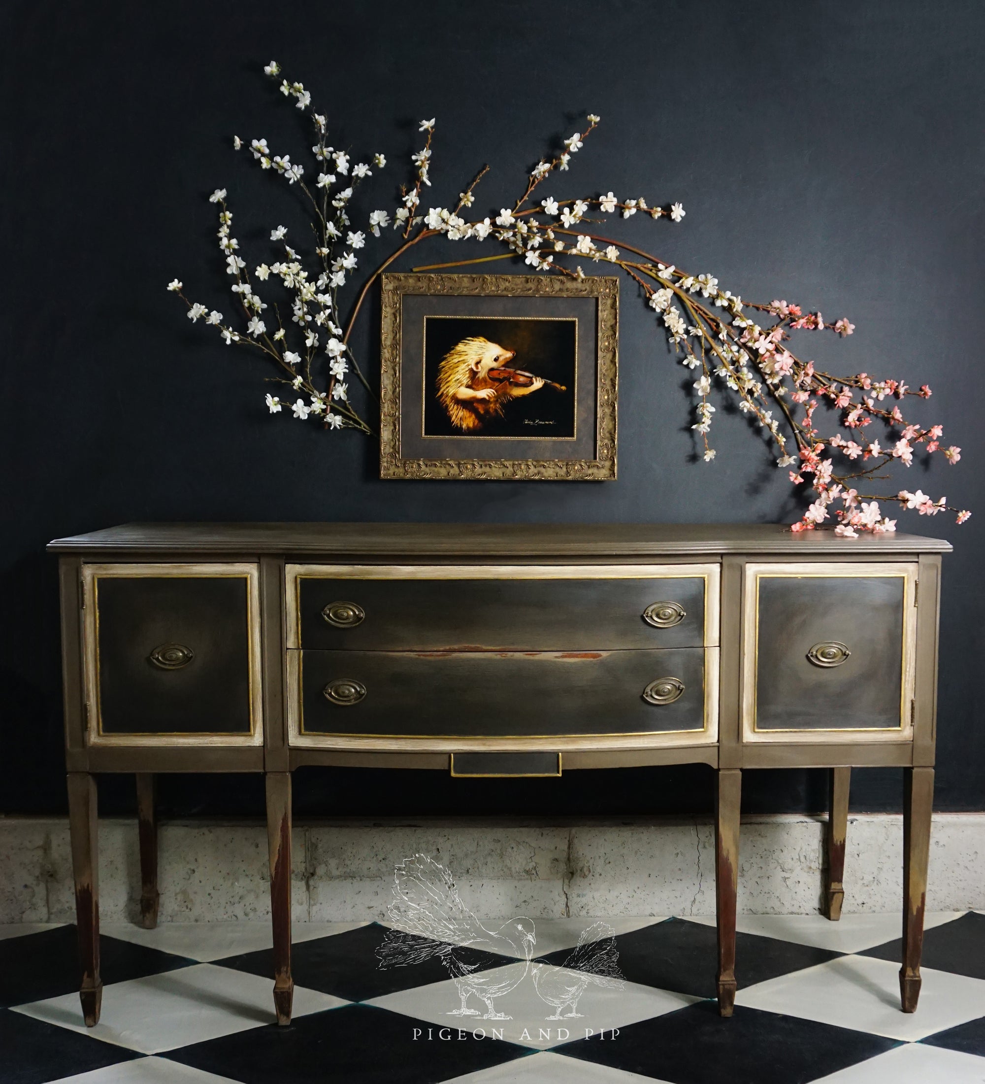 The painting of "Serenade" inspired the deep velvety dark colors in this vintage sideboard.  