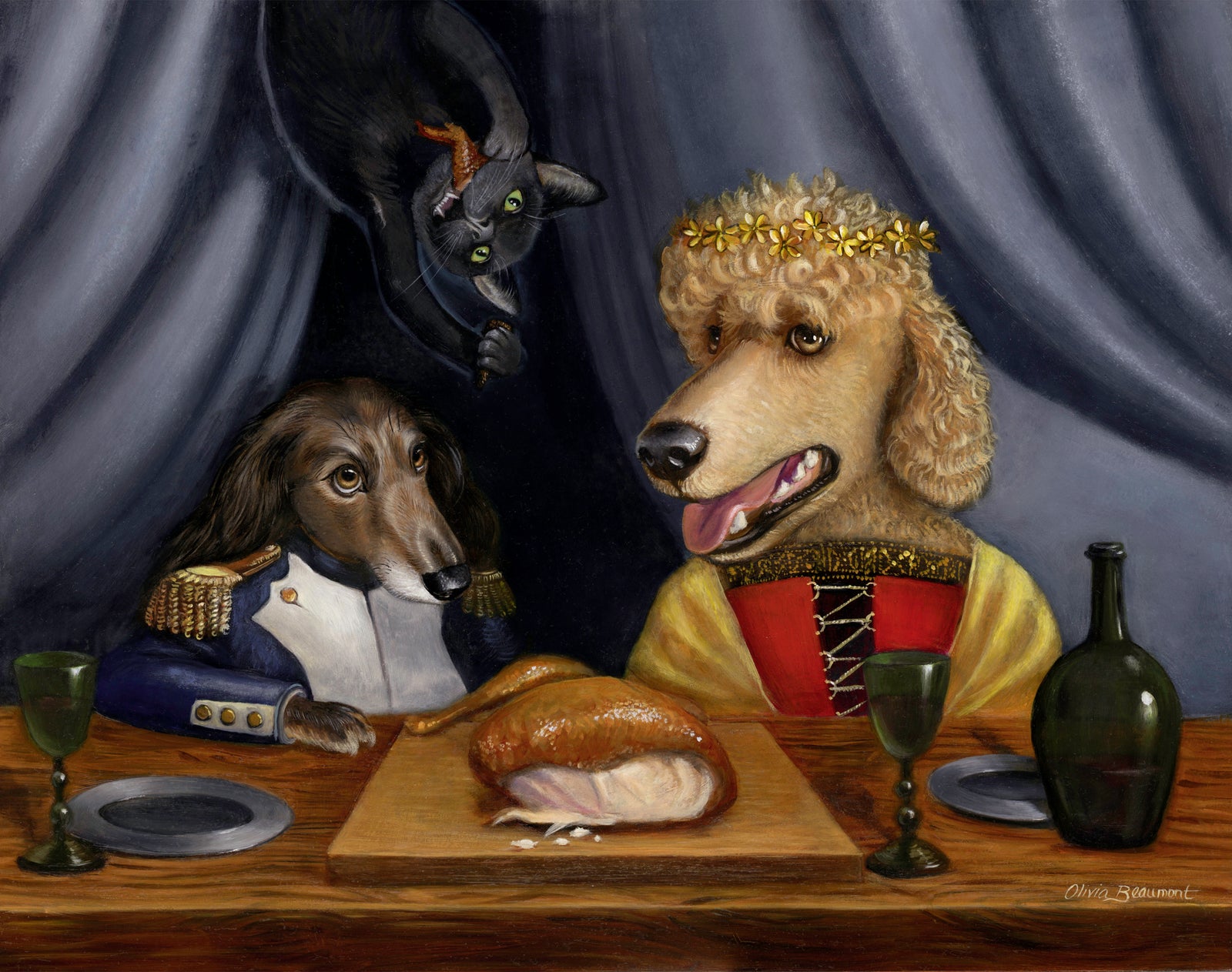 The Achilles Heel of Scout and Bear - goldendoodle, dachshund, black kitty print